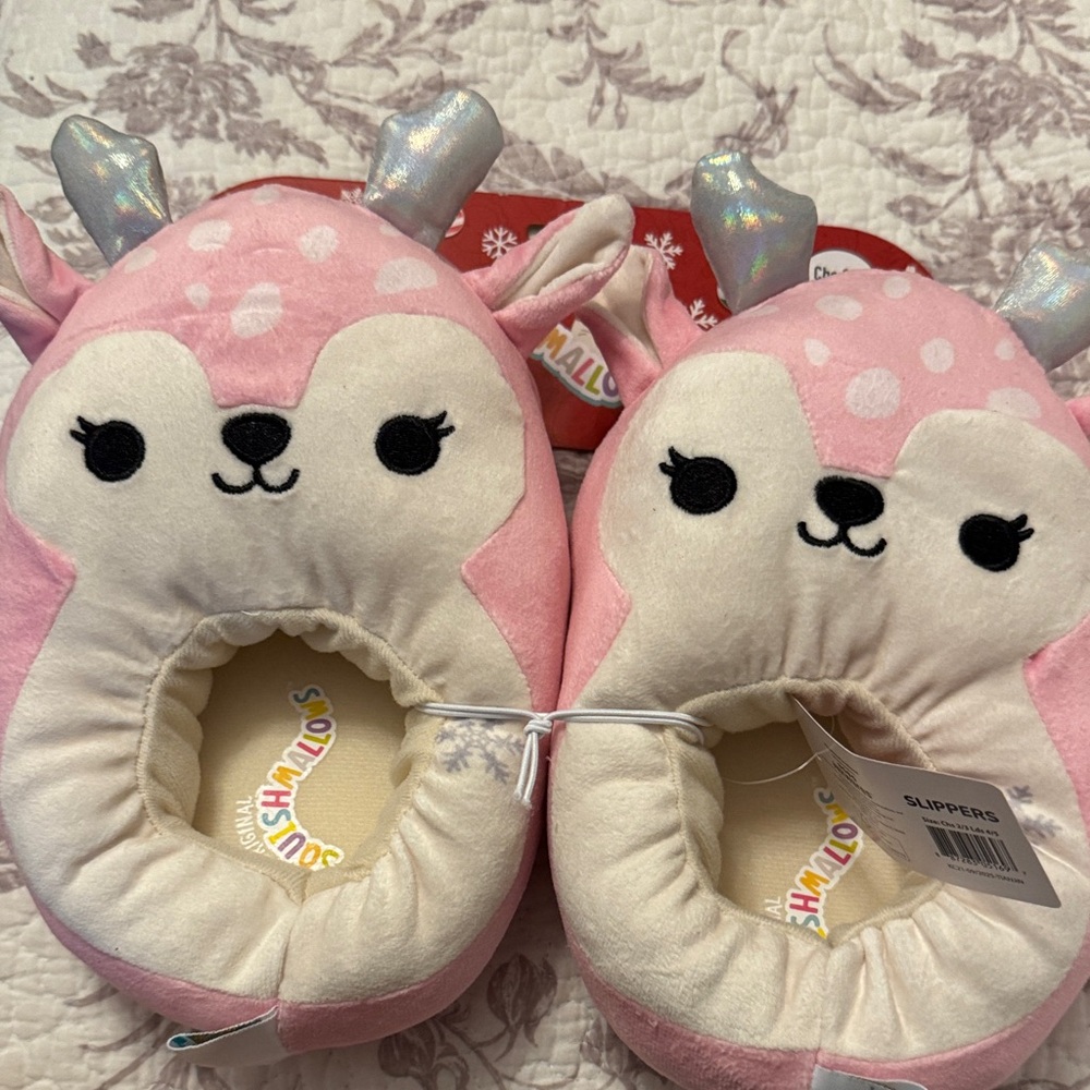 Squishmallows Pink and White Deer Slippers